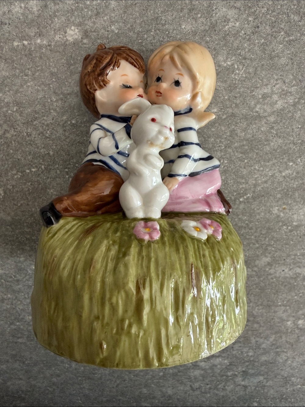 Vintage Easter Little Boy And Girl Bunny Rabbit Music Box, Japan